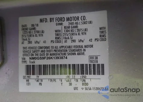 2019 Ford Transit Connect Xlt z USA, uszkodzony, nr VIN NM0GS9F26K1393874
